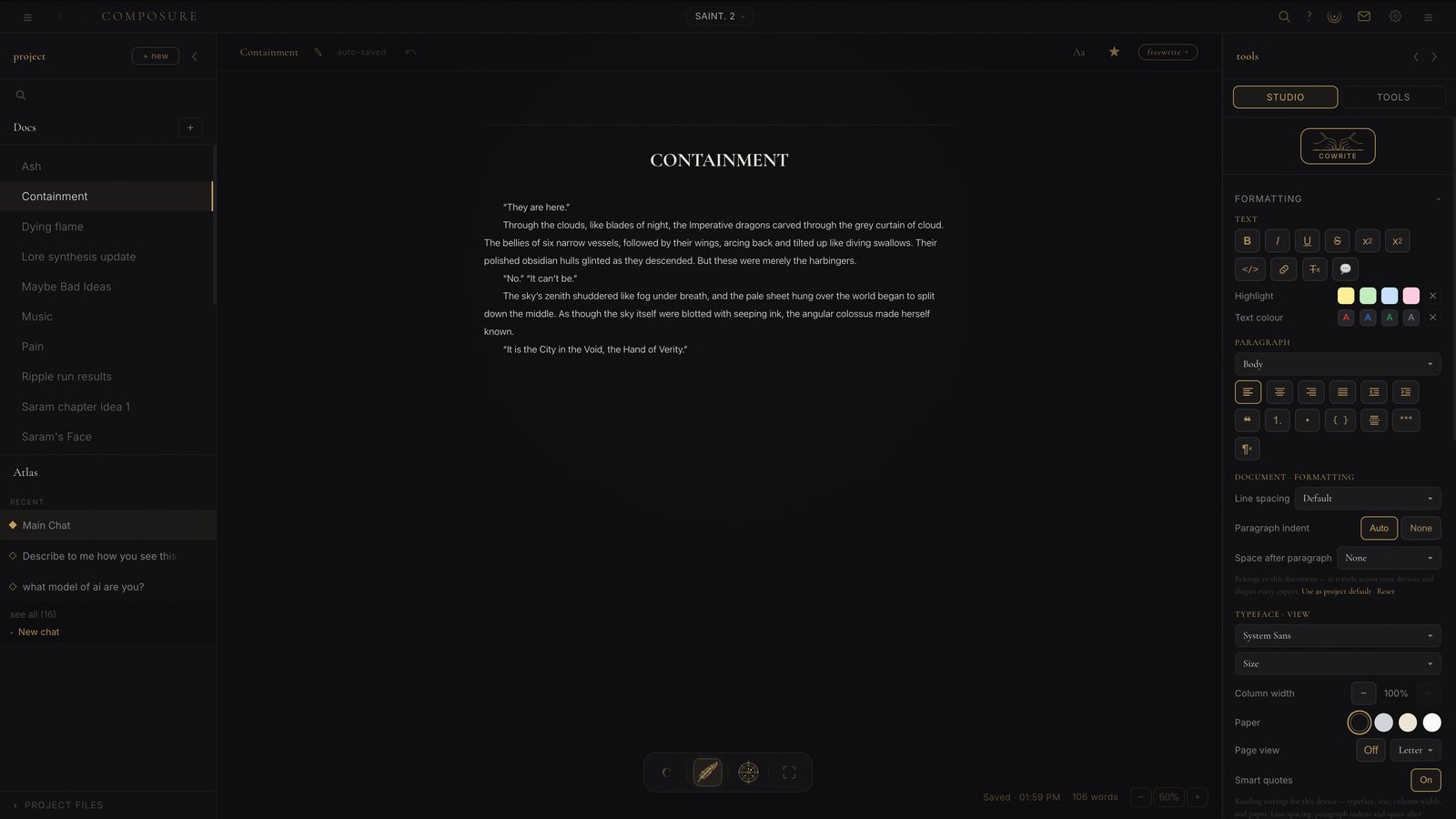 The Composure studio: a manuscript open in the editor, the project and its Atlas chats on the left, formatting and reading settings on the right.